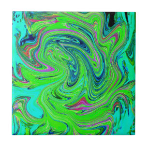 Lime Green and Blue Groovy Abstract Retro Art Tile