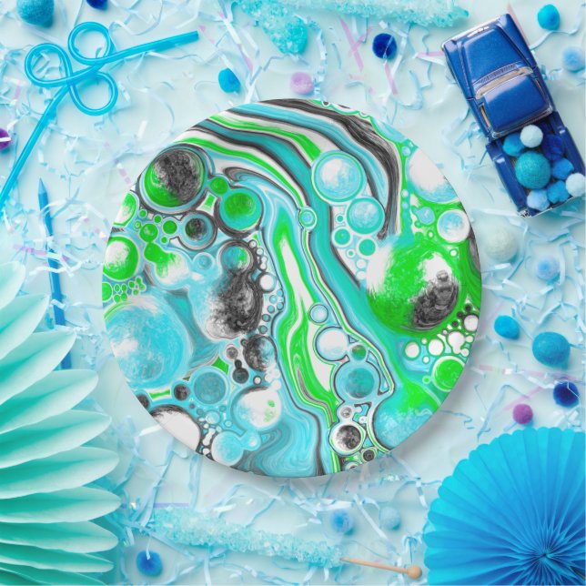 Lime Green and Blue Marble like Swirls  Bubbles Paper Plate (Party)