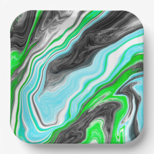 Lime Green and Blue Marble like Swirls Paper Plate