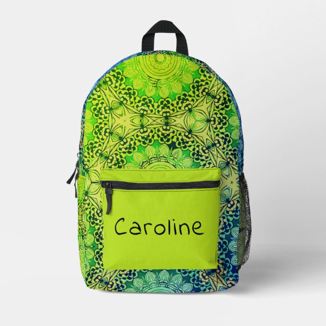 Lime Green and Blue Whimsical Boho Mandala Art Printed Backpack (Front)