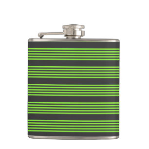 Lime green and charcoal five stripes pattern hip flask