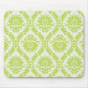 lime green and cream elegant damask pattern mouse pad