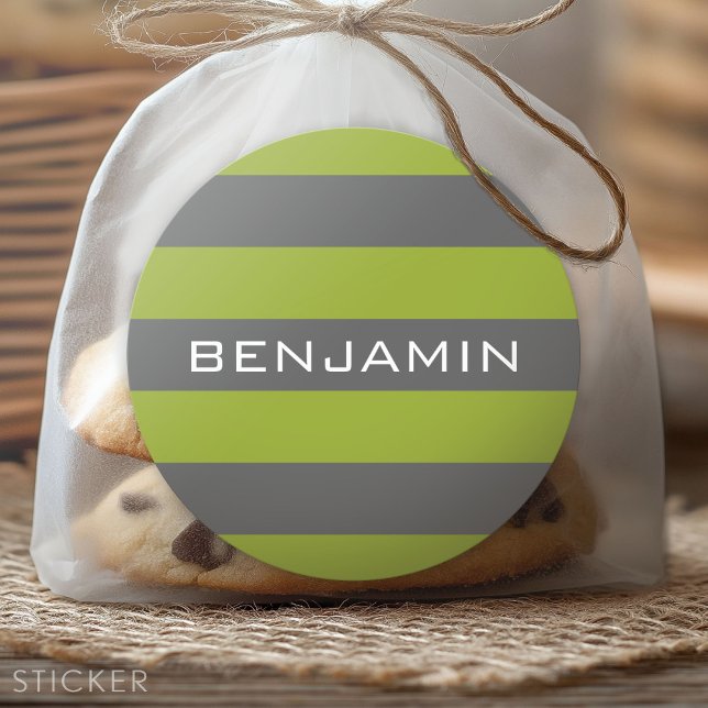 Lime Green and Grey Rugby Stripes with Custom Name Classic Round Sticker (Custom Sticker for Party Favors and Envelopes)