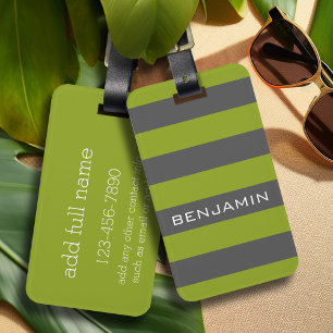 Lime Green and Grey Rugby Stripes with Custom Name Luggage Tag