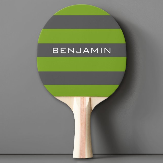 Lime Green and Grey Rugby Stripes with Custom Name Ping Pong Paddle (Custom Ping Pong Paddle)