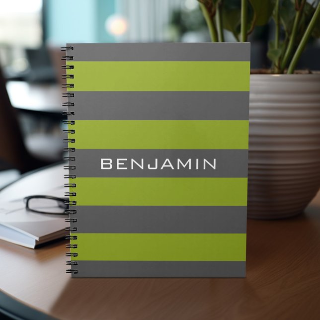 Lime Green and Grey Rugby Stripes with Custom Name Spiral Notebook (Personalized notebook with custom text - add your name and other options)