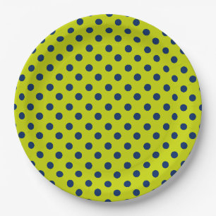 Lime Green and Navy Blue Polka Dot Paper Plate