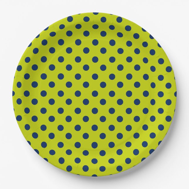 Lime Green and Navy Blue Polka Dot Paper Plate (Front)