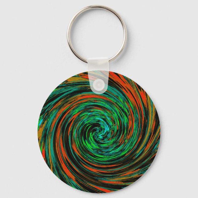 Lime Green and Orange Abstract Retro Twirl Key Ring (Front)