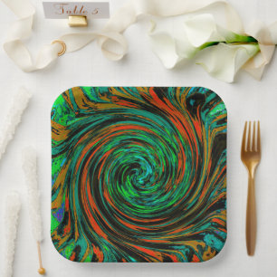 Lime Green and Orange Abstract Retro Twirl Paper Plate