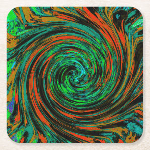 Lime Green and Orange Abstract Retro Twirl Square Paper Coaster
