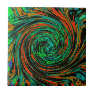 Lime Green and Orange Abstract Retro Twirl Tile