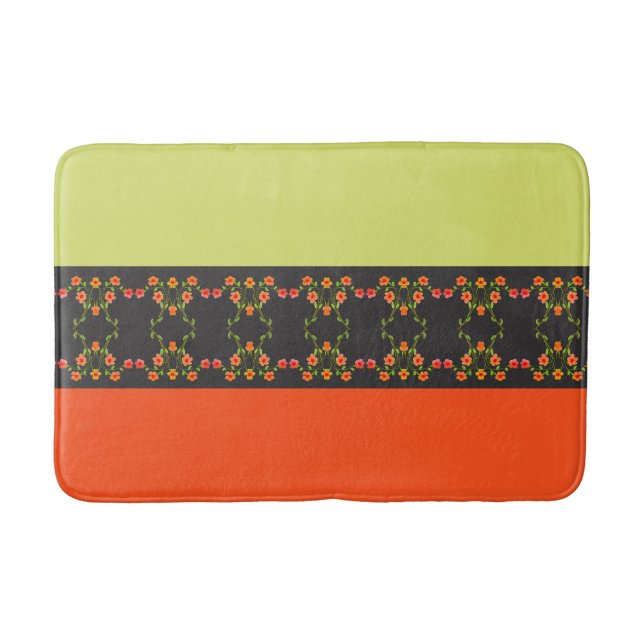Lime Green and Orange Floral Accented Bath Mat (Front)