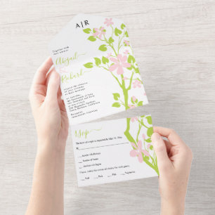 Lime green and pink branch with flowers wedding all in one invitation