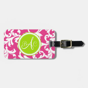 Lime Green and Pink Monogrammed Damask Print Luggage Tag