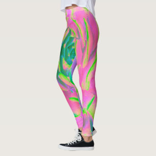 Lime Green and Pink Succulent Sedum Rosette Leggings