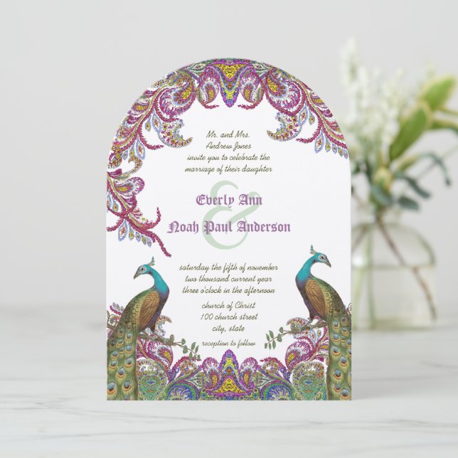 Lime Green and Raspberry Damask Wedding Invitation (Standing Front)