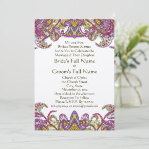 Lime Green and Raspberry Damask Wedding Invitation