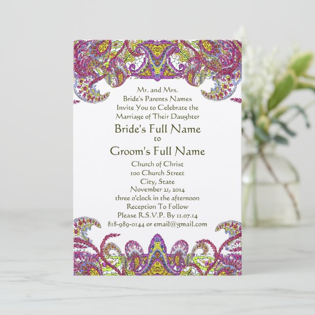 Lime Green and Raspberry Damask Wedding Invitation (Standing Front)