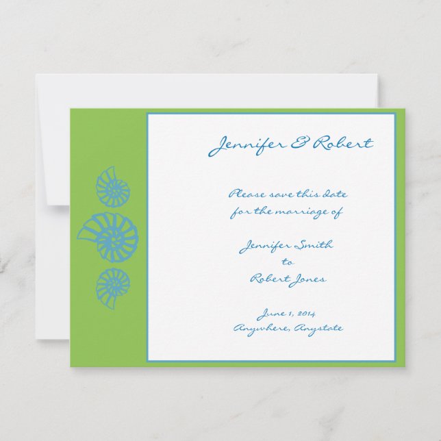 Lime Green and Turquoise Seashell Save the Date (Front)