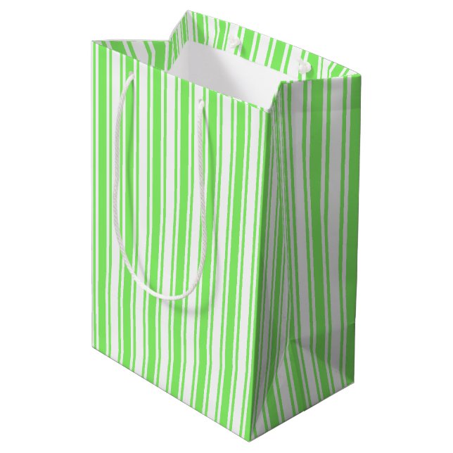 Lime green and white candy stripes medium gift bag (Back Angled)