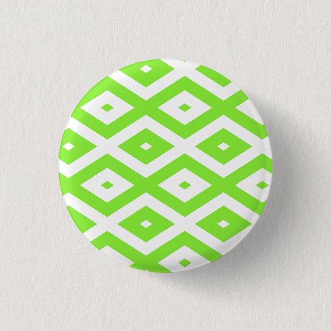 Lime green and white diamond pattern 3 cm round badge (Front)