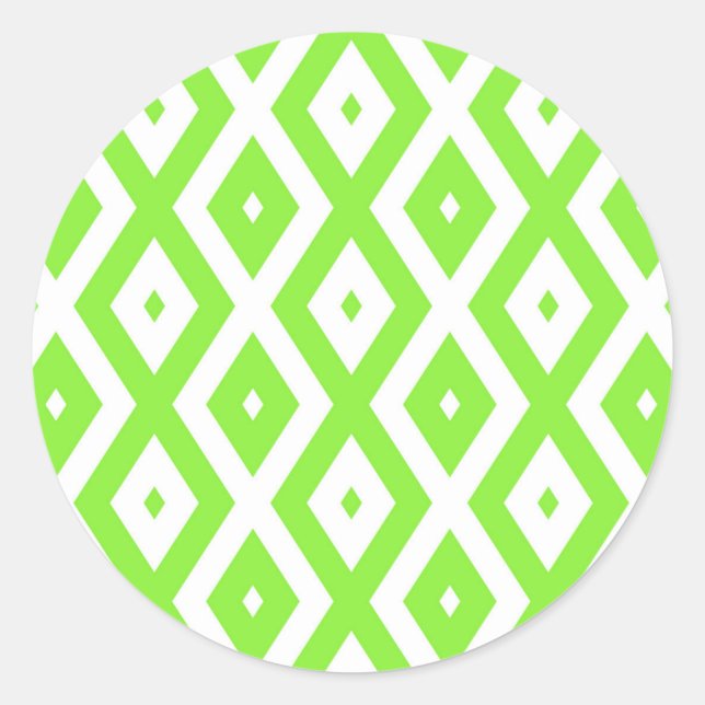 Lime green and white diamond pattern classic round sticker (Front)