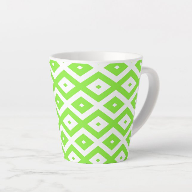 Lime green and white diamond pattern latte mug (Right Angle)