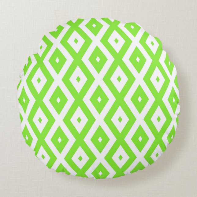 Lime green and white diamond pattern round cushion (Front)