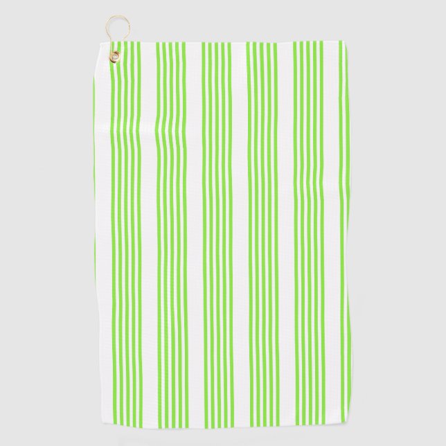 Lime green and white five stripes pattern golf towel (Front)