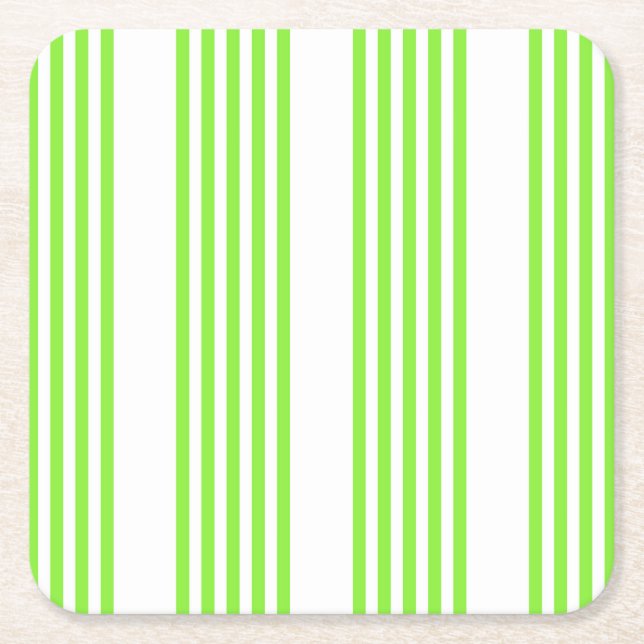 Lime green and white five stripes pattern square paper coaster (Front)