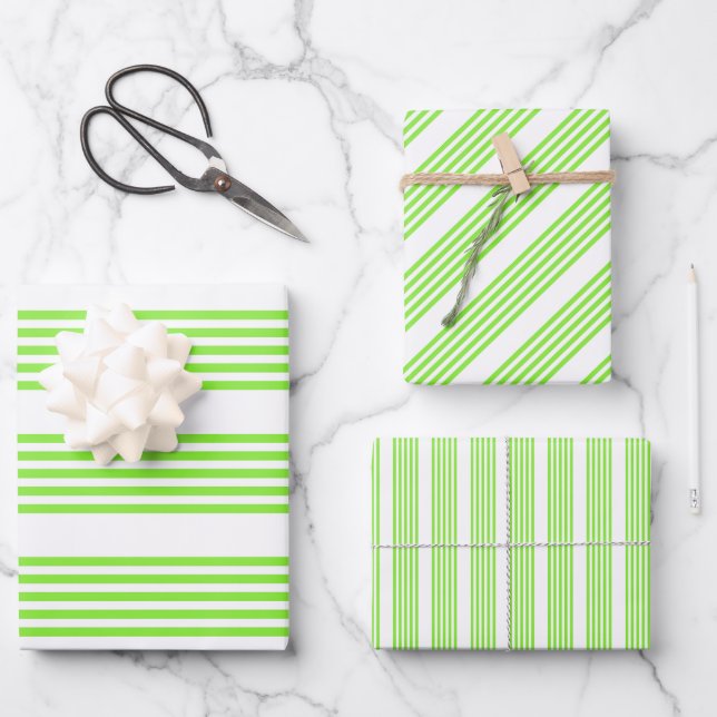 Lime green and white five stripes pattern wrapping paper sheet (Front)