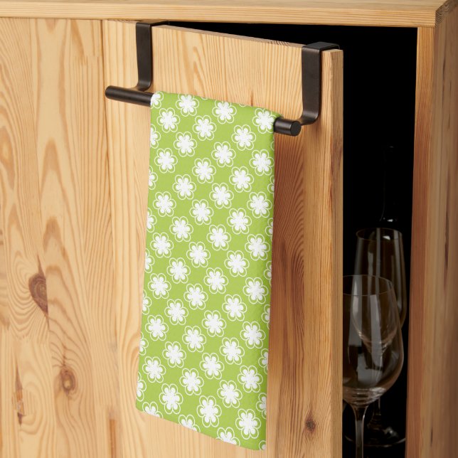 Lime Green and White Flower Pattern Tea Towel (Thirds Fold)