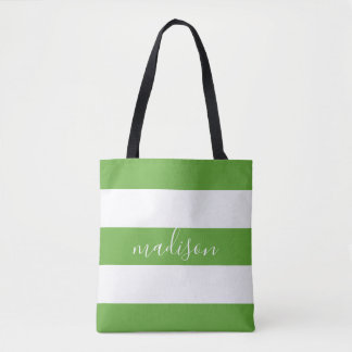 Lime Green and White Stripes with Name Typography Tote Bag