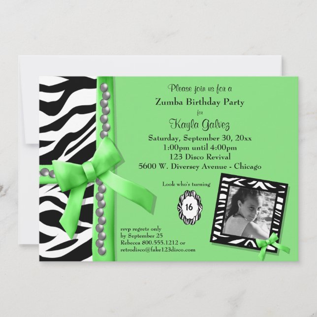 Lime Green And Zebra Striped Birthday Party Invite (Front)