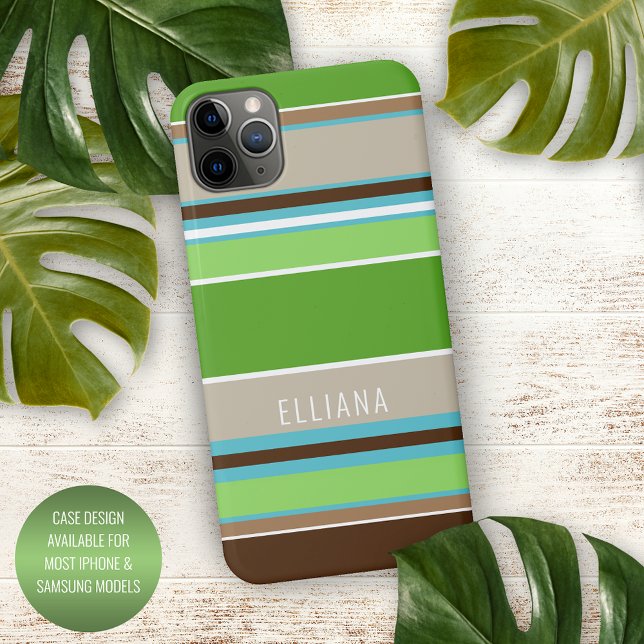 Lime Green Aqua Blue Brown Taupe White Stripes iPhone Case (Creator Uploaded)