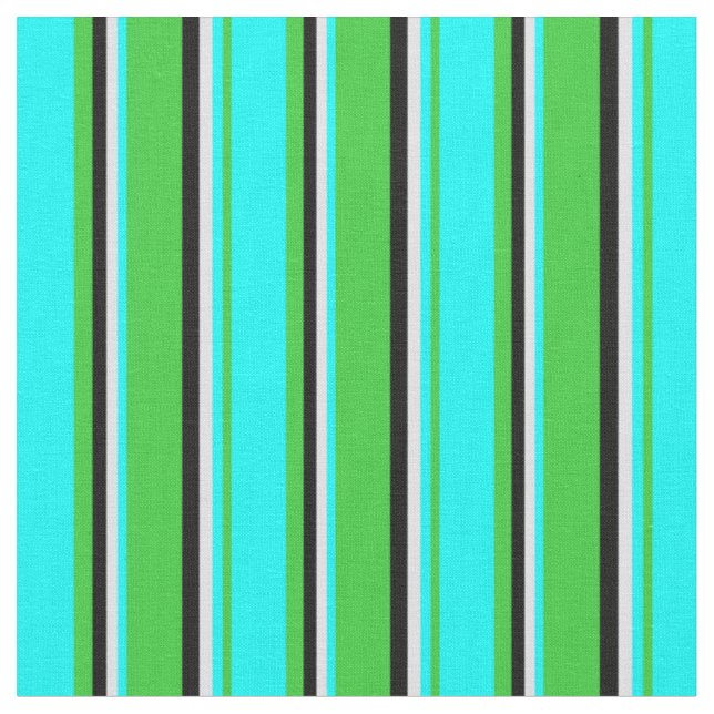 Lime Green, Aqua, Lavender & Black Coloured Lines Fabric (Close Up)