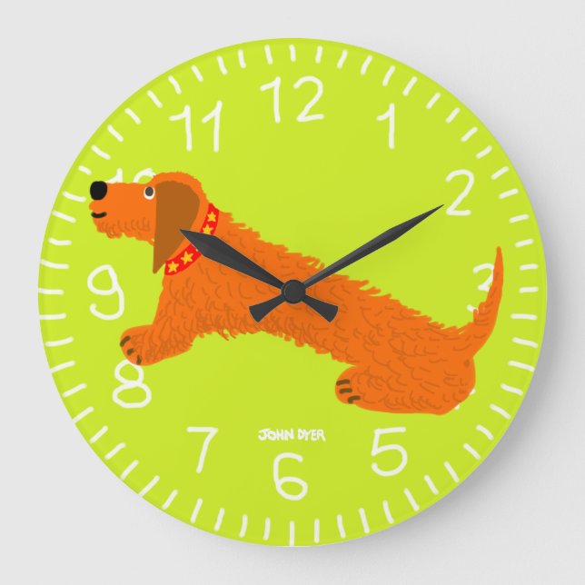 Lime Green Art Clock: John Dyer Sausage Dog Design Large Clock (Front)