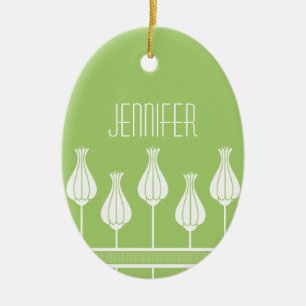 Lime Green Art Deco Floral Oval Ornament