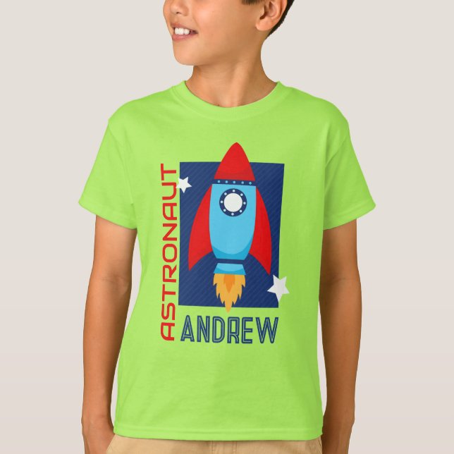 Lime Green Astronaut Name Space Rocket Party Shirt (Front)