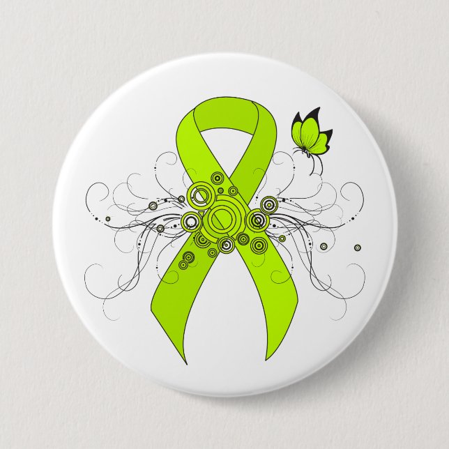 Lime Green Awareness Ribbon with Butterfly 7.5 Cm Round Badge (Front)