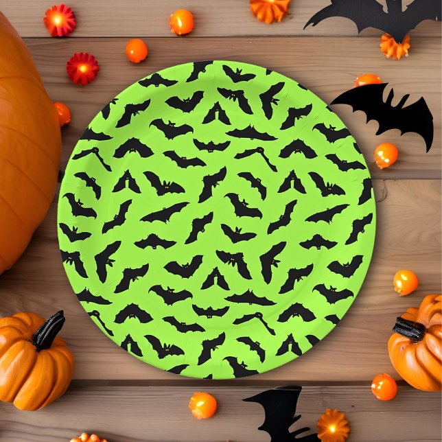 Lime Green Bat Pattern Halloween Paper Plate (Creator Uploaded)