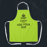 Lime green bib apron with custom keep calm text<br><div class="desc">Lime green bib apron with custom funny keep calm text. Make your own keep calm and carry on kitchen or BBQ apron for men and women. Vintage typography template with crown silhouette. Personalised cooking aprons in any colour. Trendy template with fun typography design. Add your own name or humourous quote....</div>
