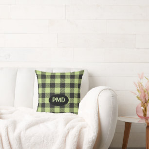 Lime Green Black Buffalo Plaid Monogram Initial Cushion