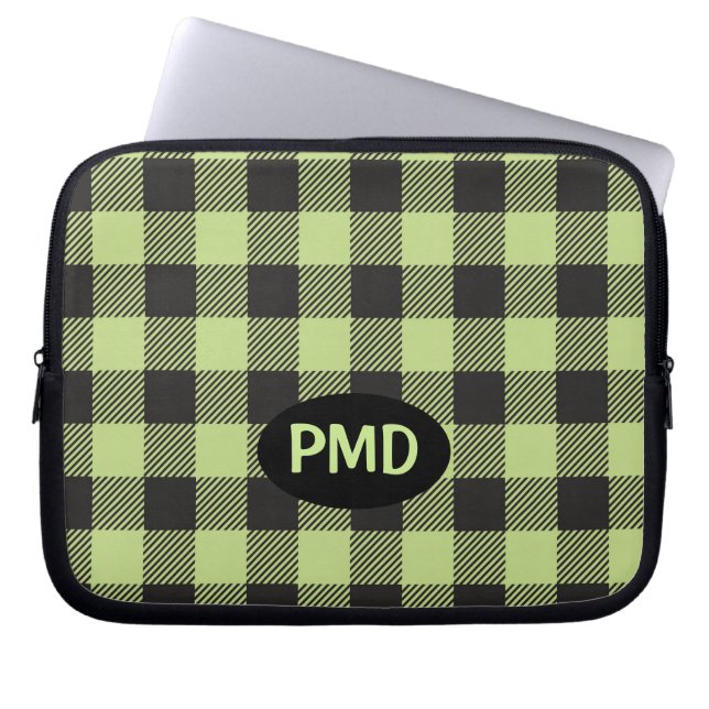 Lime Green Black Buffalo Plaid Monogram Initials Laptop Sleeve (Front)