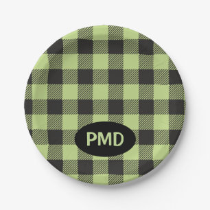 Lime Green Black Buffalo Plaid Monogram Initials Paper Plate