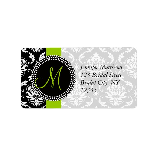 Lime Green Black Damask Address Labels for Wedding (Front)