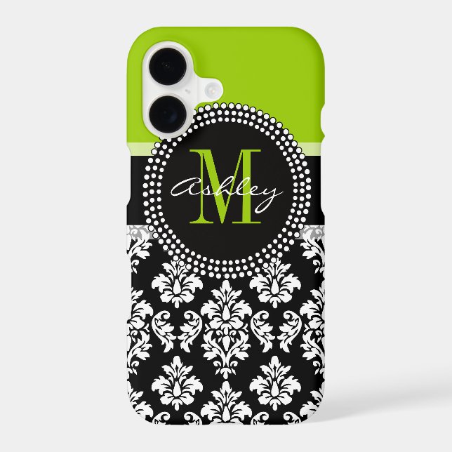 Lime Green Black Damask Pattern Monogrammed (Back)
