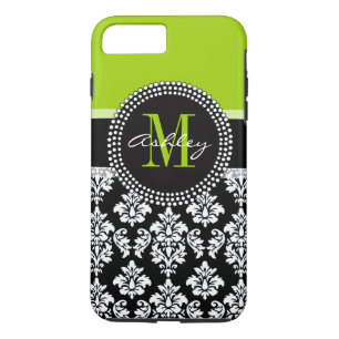 Lime Green Black Damask Pattern Monogrammed Case-Mate iPhone Case