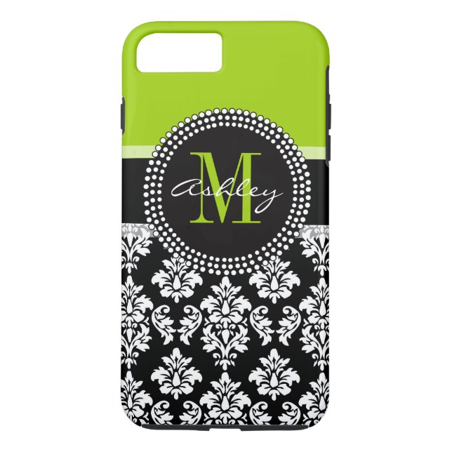 Lime Green Black Damask Pattern Monogrammed Case-Mate iPhone Case (Back)